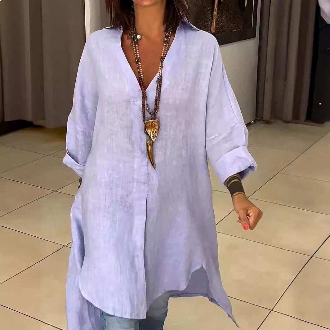 Casual Loose Linen Shirt Dress - Damen Leinenhemdkleid Locker Lässige Bluse Oberteil