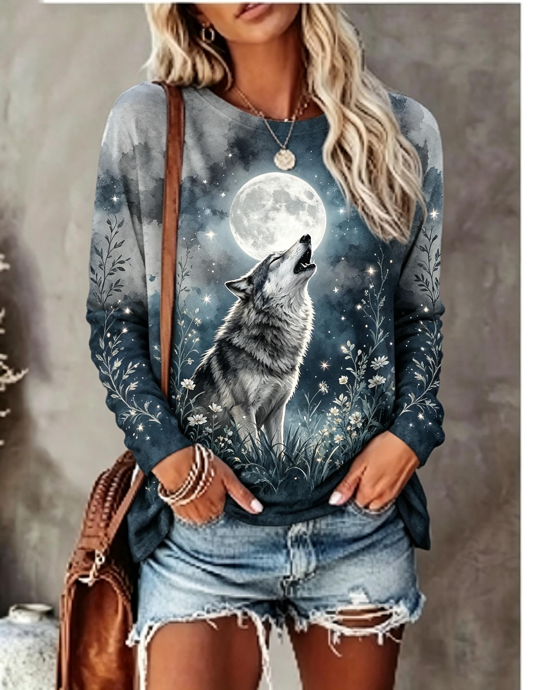 Blouses - Damen-Langarm-T-Shirt mit Wolf, Vollmond und wildem