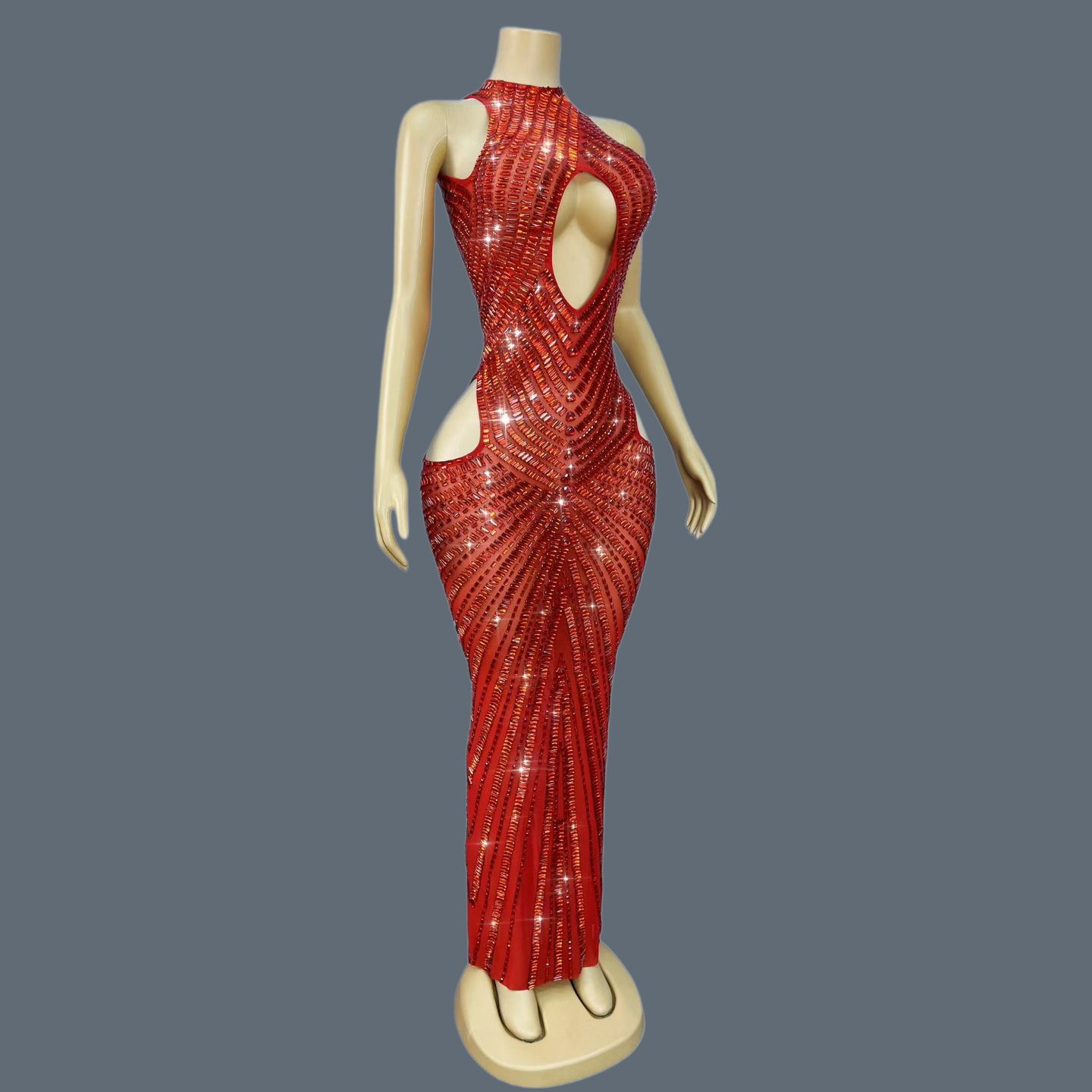 Sparkly Rhinestone Club Party Dress - Luxuriöses Rotes Strass-Meerjungfrauenkleid mit Ausschnitten, Funkelndes