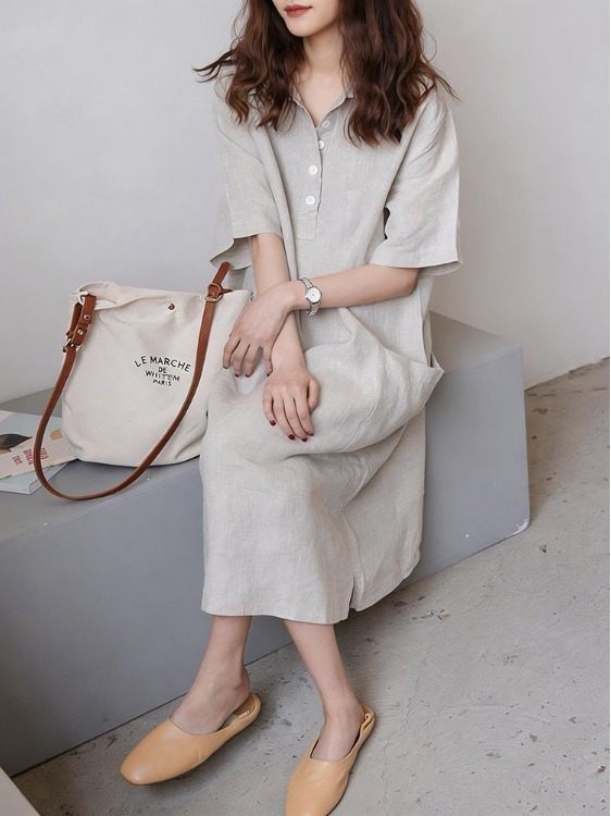 Damen Baumwoll-Leinen Hemdklei – Casual Loose Linen Shirt Dress Bewertung und Preis