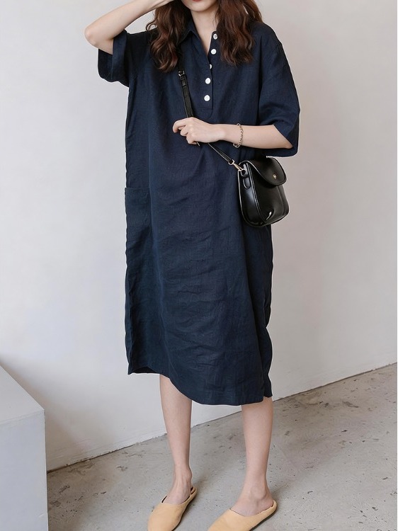 Damen Baumwoll-Leinen Hemdklei – Casual Loose Linen Shirt Dress Bewertung und Preis