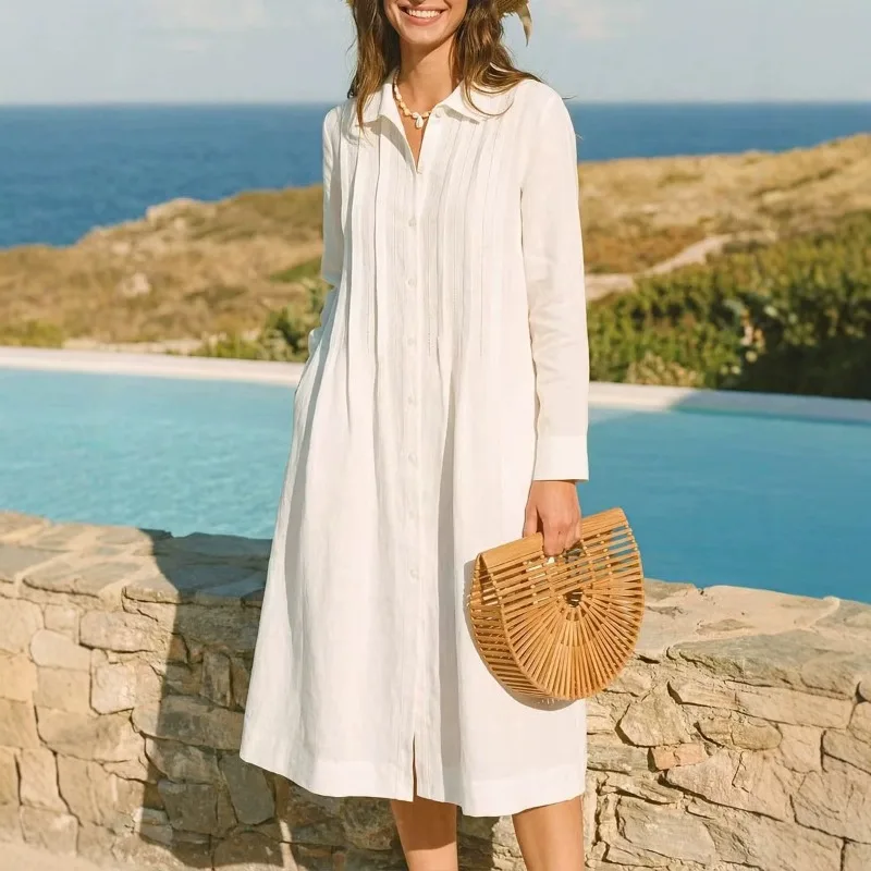 Europäisches, langes, lockeres – Casual Loose Linen Shirt Dress Bewertung und Preis