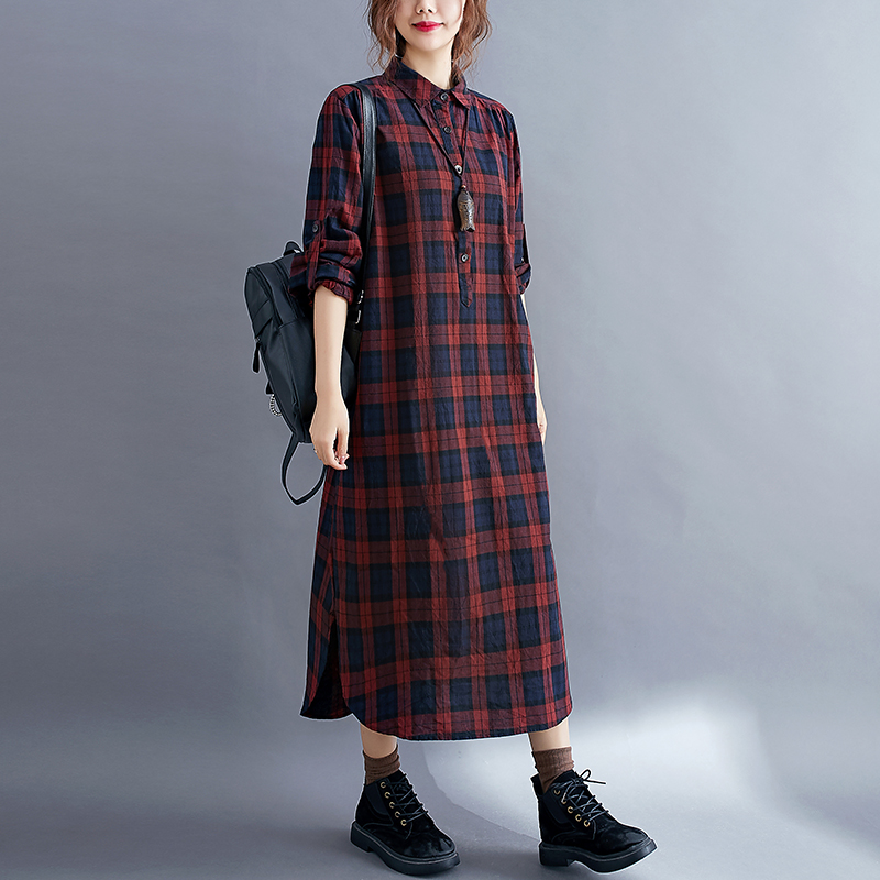 Lässiges kariertes Langarm-Hem – Korean Style A Line Shirt Dress Bewertung und Preis