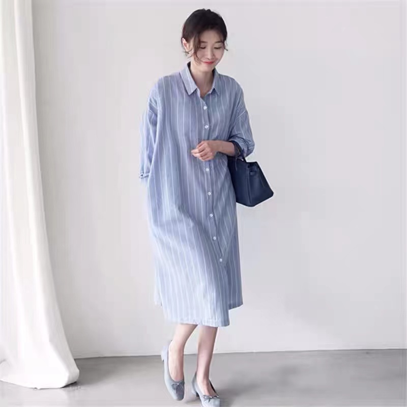 Blau gestreiftes Hemdkleid für – Korean Style A Line Shirt Dress Bewertung und Preis